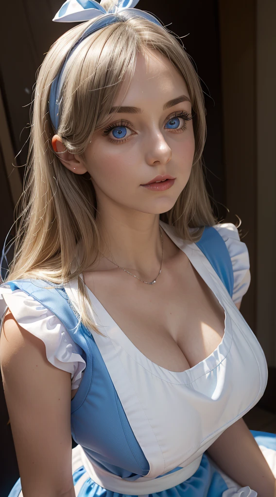 Alice Liddell, 28, wearing a blue mini dress and a white apron. black diadem on the head. sensual blue eyes. blond hair. big breasts.