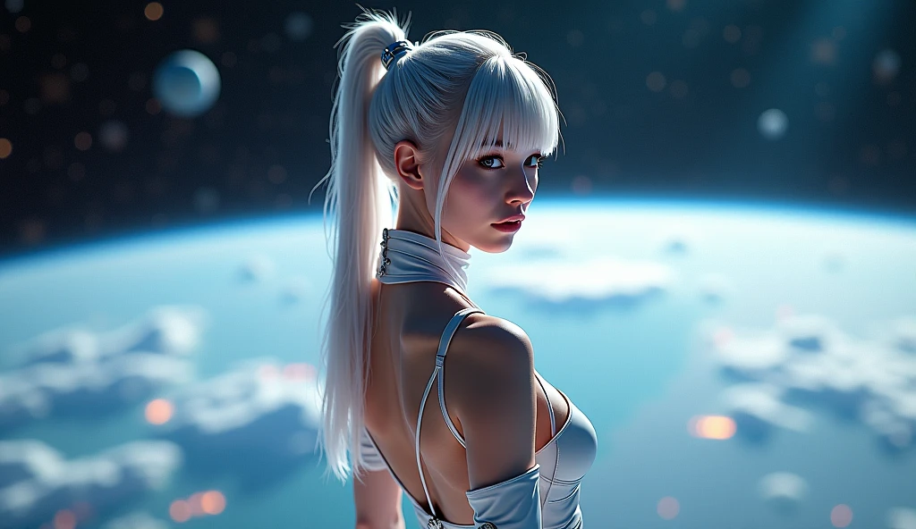 Masterpiece, High quality, hcnone, 1girll, White hair, pony tails, Red slip dress, Cosmic background outside the porthole of a spaceship, Warm gaze, Solar eclipse background