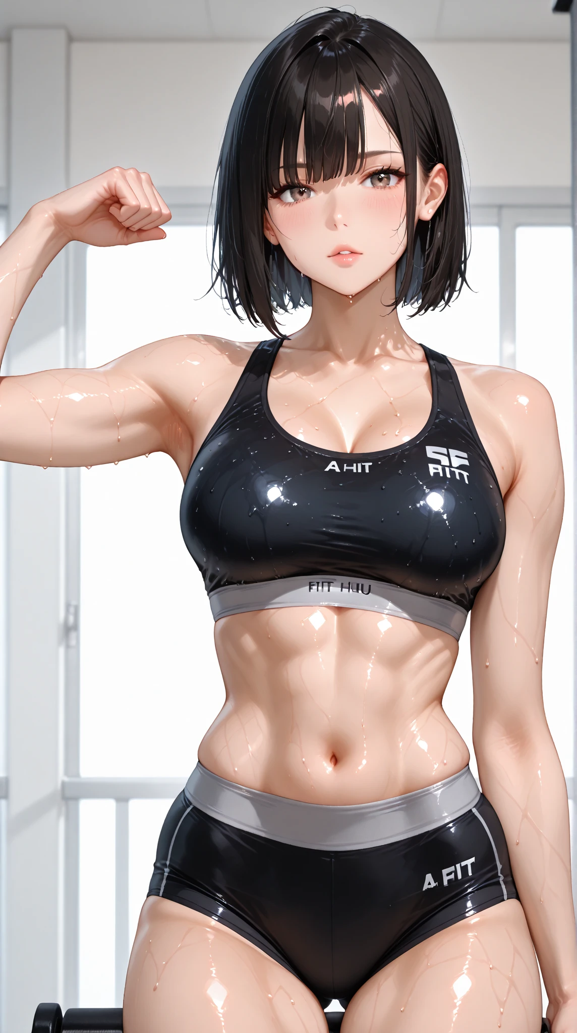 Anime Kawaii sexly Perfect Slim sensual body large breast and huge thighs, An intricate and highly detailed illustration of anime (Young girl garota, make up, mask, Lips are soft or colored., simple black background, minimalism, monotonous, Simple color palettes, to clean, Crisp drawings, fluid silhouettes, sports shorts, Sheer shirts and blouses, asymmetric, Geometric, Volleyball Clothing, Simple and minimalist accessories, Fine silver or gold necklaces and rings, Simple bracelets, Different projects, simple silhouettes, simple and sophisticated style, lealdade, minimalism, high quality materials, gym print, high-fashion, Simplicity and sophistication, rot, Color rot, sexly, nsfw, erotic, humida, muscular, musculature, dirty gym, dynamic poses, exercise