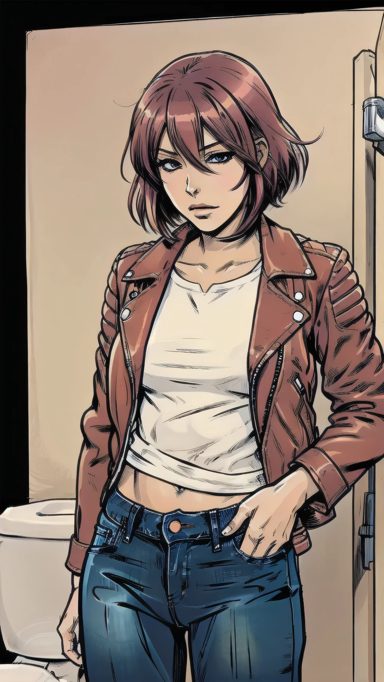 vector image, 2d cartoon,masterpiece, An anime blushed woman, colored hair, fuck herself, masturbate, dry humping, leather biker jacket, unbuttoned jeans, simulates intercourse:1.2, gloomy ecstasy, sweat, masturbate, touch herself in sensual places, public cramped toilet stall, crop-top