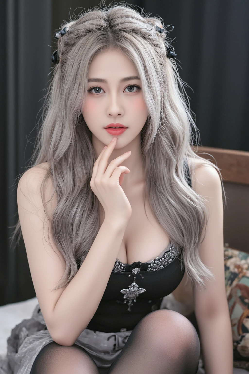 22-year-old woman who resembles Korean idol Jang Won-young, light blue hair color,Black underwear, medium sized breasts, Hands over your head,