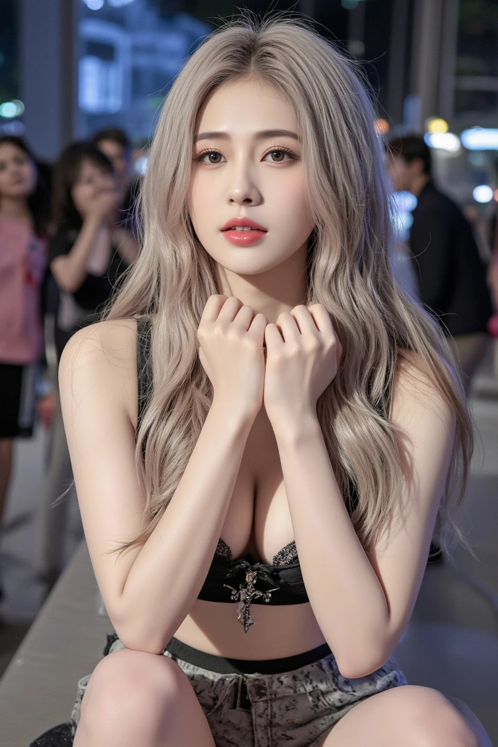 bangs, hair accessories, city, night, high ponytail, armpits, medium breasts, perfect skin, off shoulder, (8k, RAW photo, best quality, masterpiece:1.2), (realistic, photo-realistic:1.4),1girl,(Kpop idol), (aegyo sal:1), professional lighting, photon mapping, radiosity, physically-based rendering, pureerosface_v1,
