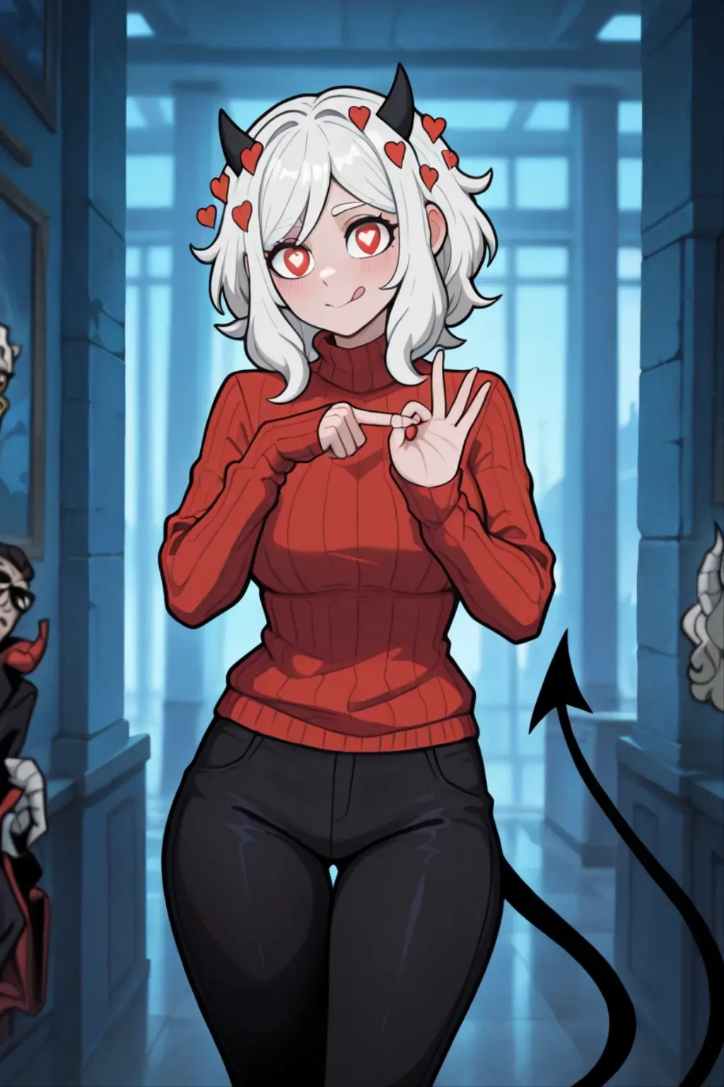 helltaker justice, red suit, black coat, sitting down, grinning to pov, close up face, crossing legs, ponytail, dark pants, dark boots, hd, highres