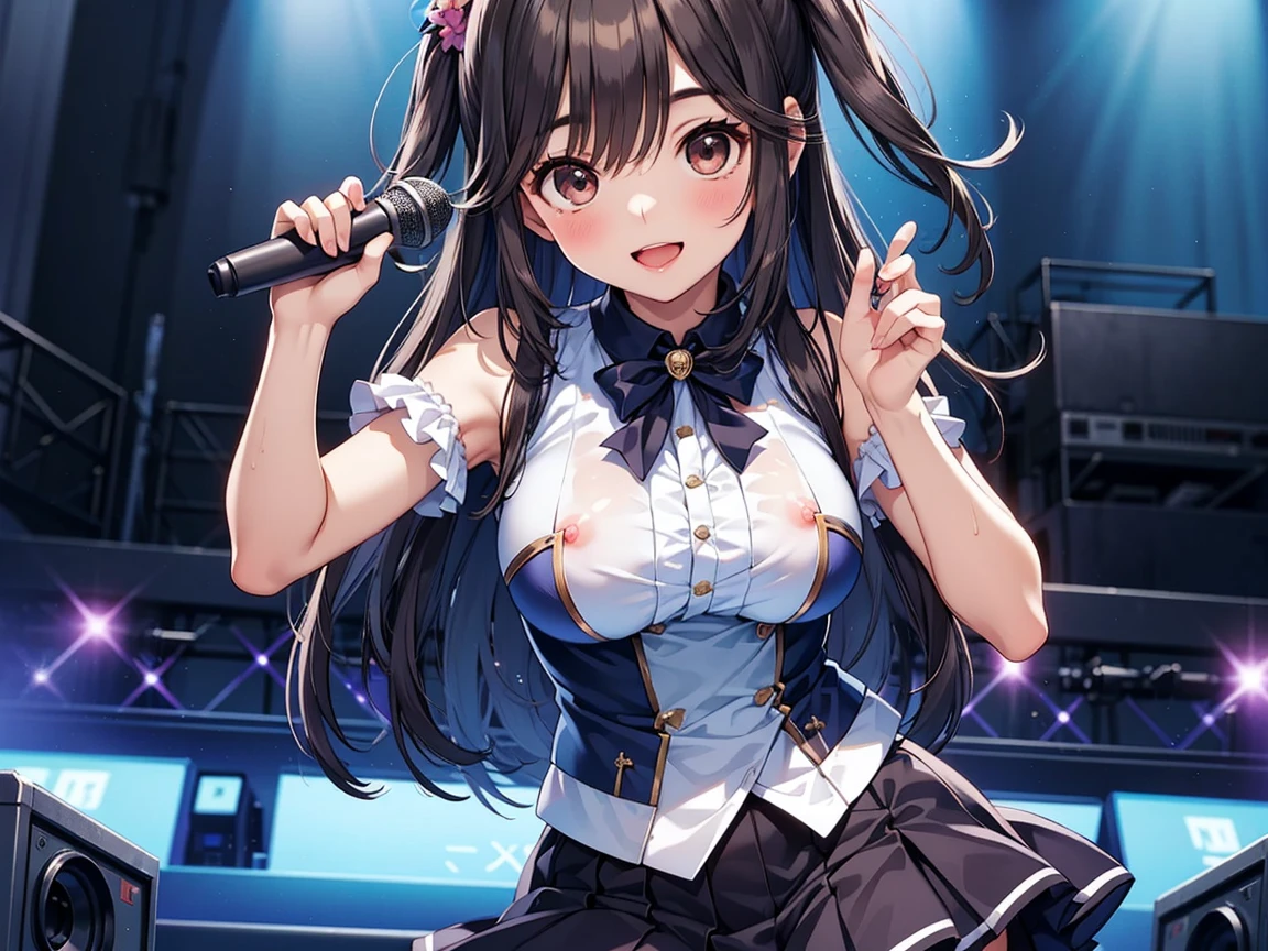 highest quality、All limbs、full finger、Slender beauty、brown hair、Dereste、red, 白とredのアイドル衣装、knee socks、beautiful big breasts、live stage、sing、holding a microphone, dancing、big smile、(white horizontal lace panties:1.1), (skirt lift:1), (shirt lift:0.96), show off panties、(show off bra:0.94), Let's go to the next song
