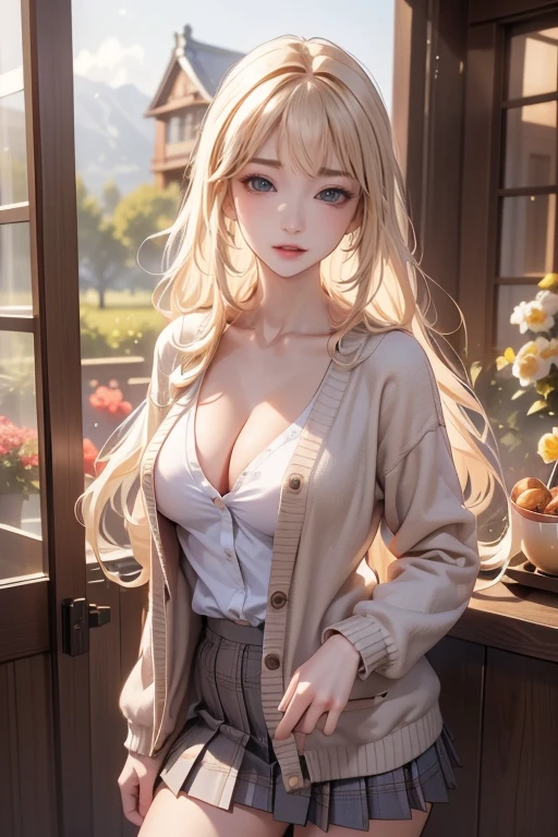 (best quality, masterpiece, high resolution:1.1),hyper detail,high detailed slanted eyes, natural light, natural shadow, ,origin, 1girl, solo,extra large breasts, blonde long hair, ,cardigan, looking at viewer,in classroom, detailed background, blush , white ceiling,upper body,slim berry,sexy,book on table