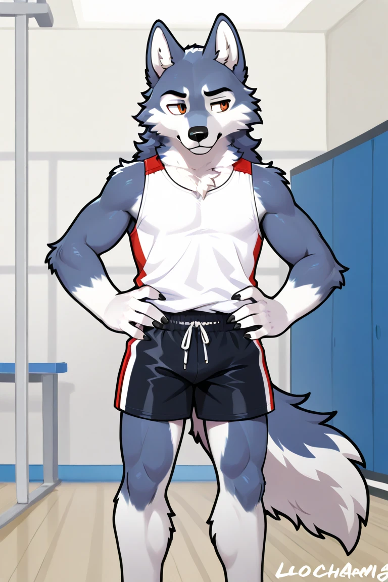 Short-nosed Gray Wolf,High School Students,good-looking,Strong,Regular height,Basketball clothes(Short black sleeves,Red shorts),Blushing cheeks,bathroom,The crotch is pronouncedly raised,Crotch bulge,Sexy,Wolf Tail,alone,Green,Close Range,Half face,shy, macro growth size difference fullbody head reaching the ceiling