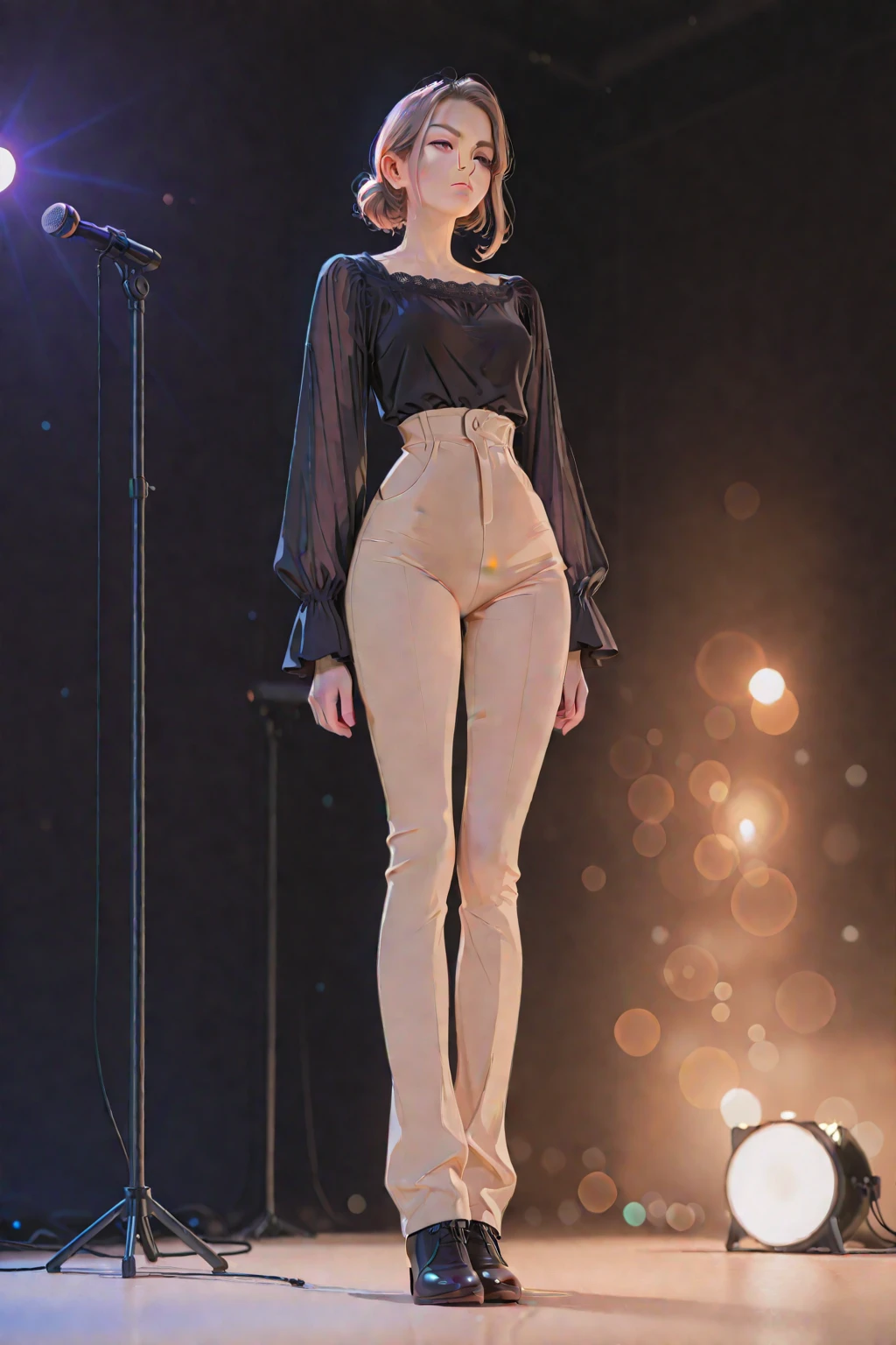 Turn back photo,Korean teenage guy singer idol, cropped blonde hair standing full body shot turn back on concert stage, white socks, nude ass,night time,moon,Light from spotlight 