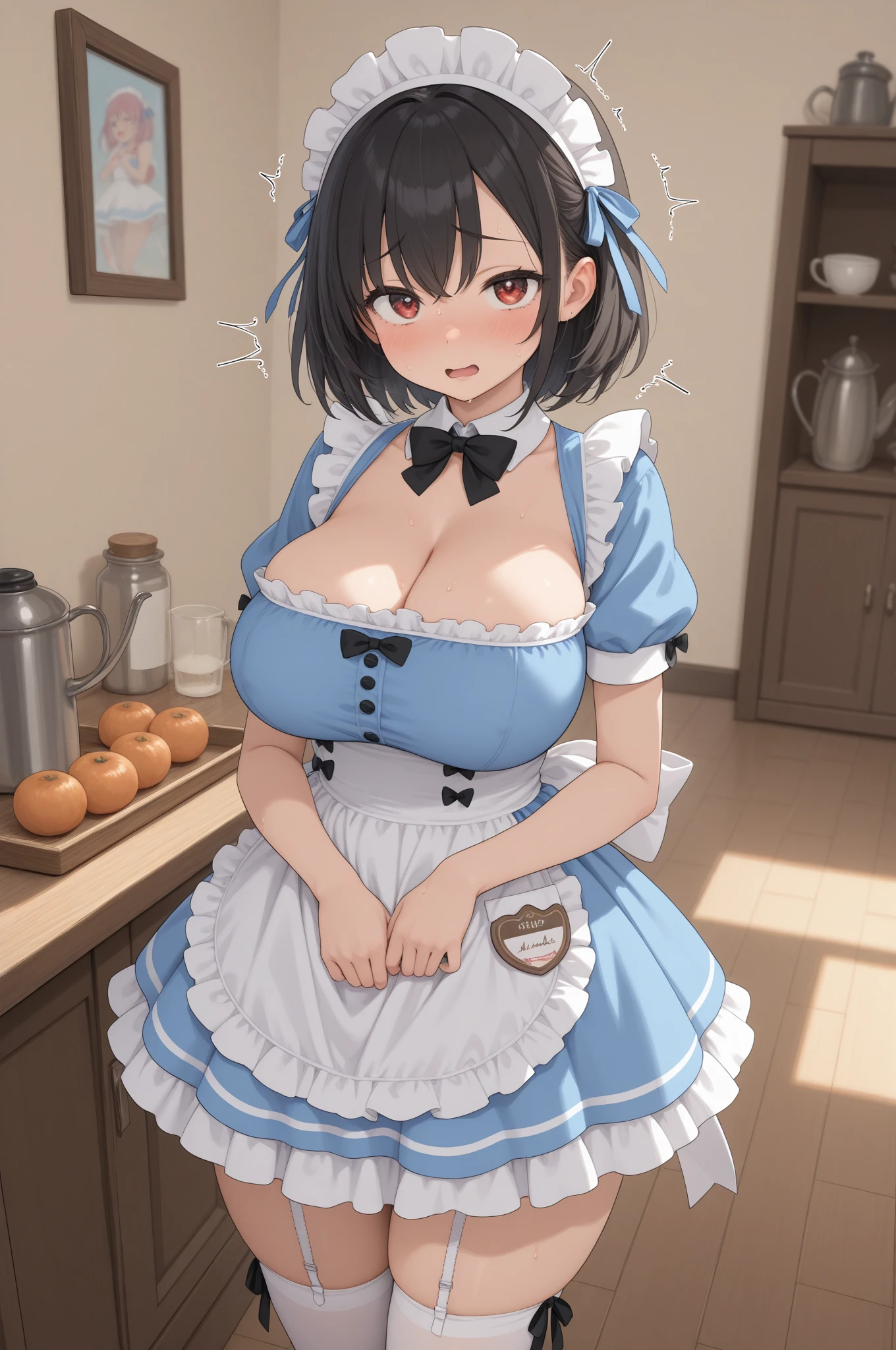 (masterpiece, best quality, highres, detailed, realistic:1.2), young japanese woman, maid, taking orders, (gigantic breasts:1.8), (bursting breasts:1.4), (detailed face, beautiful face), (annoyed expression:1.2), maid outfit, blushing, annoyed, skinny, busy maid cafe, fringe, holding trays