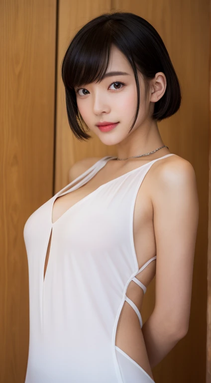 (masterpiece:1.3), (8k, photorealistic, RAW photo, best quality: 1.4), japanese, (1girl), beautiful face, (realistic face), (black hair, short hair:1.3), beautiful hairstyle, realistic eyes, beautiful detailed eyes, (realistic skin), beautiful skin, attractive, ultra high res, ultra realistic, highly detailed, golden ratio, (detaled face:1.2),looking at viewer,smile,open white shirt,medium breasts,standing,hand on hip