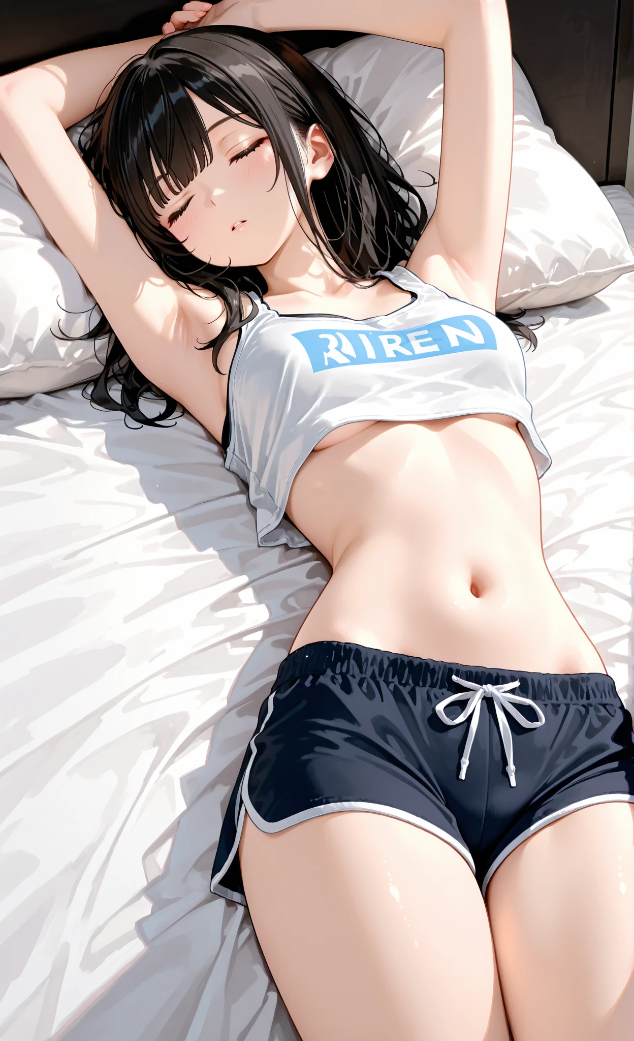 One Woman, alone, alone Focus, Cowboy Shot, Portraiture,, Beaver,((Black Hair)), Braiding, Very fine eye, work, White knit, (Small TI quality, Very detailed,Swimwear,Bedroom、Lying in bed