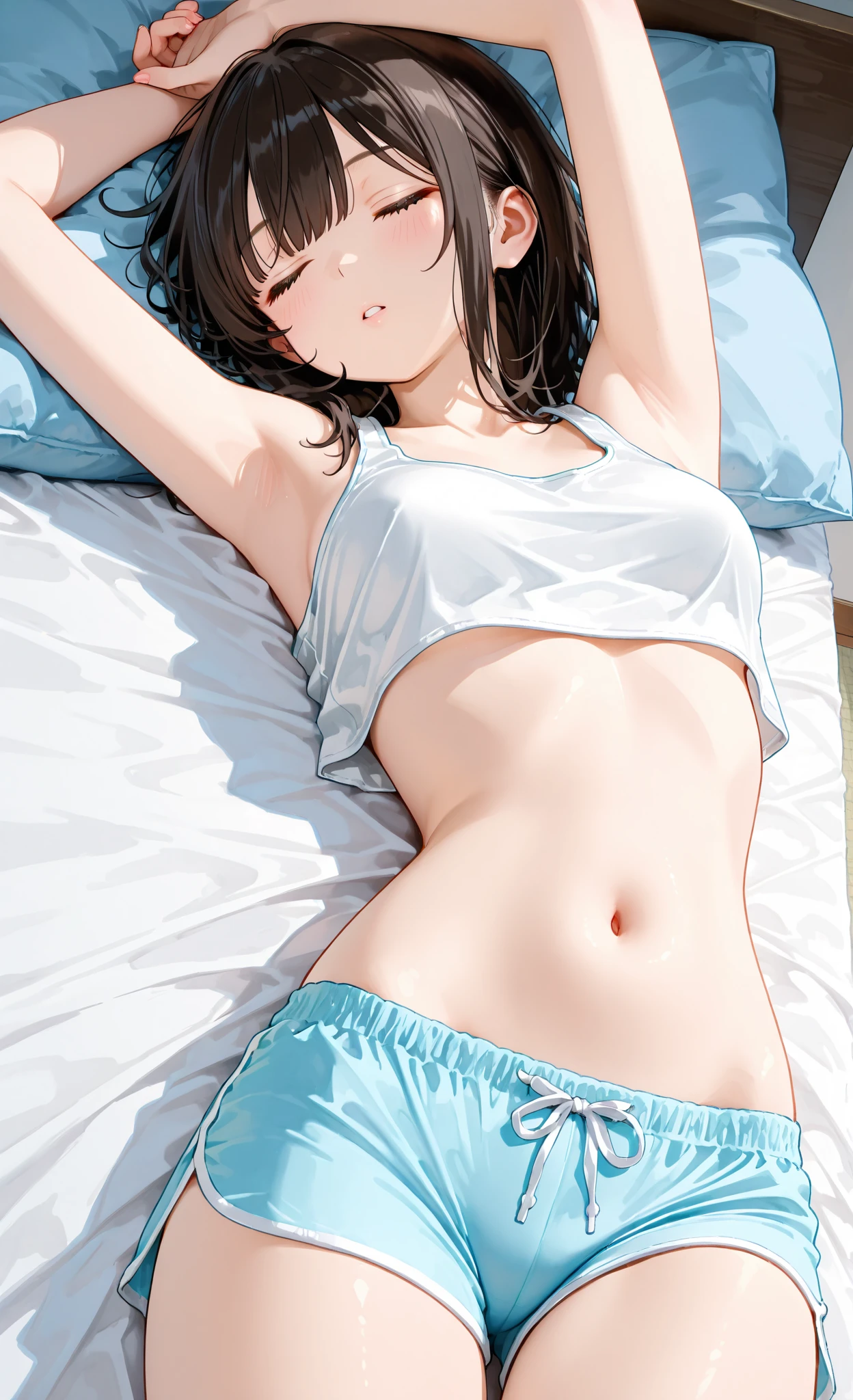 lighting like a movie、top-quality、photographrealistic,(One young beautiful Russian girl, lyin in bed),The bikini,(Distant gaze:1.2),Slim waist, Instagram (Photorealistic, High resolution:1.2),、Wet with sweat all over the body、Perfect body、tiny chest、Lying in bed、open one's legs、an ecstatic look on one's face、Sweating all over the body、Wet crotch、Feeling ecstasy、Precise human body structure、milk flows from the vagina 、