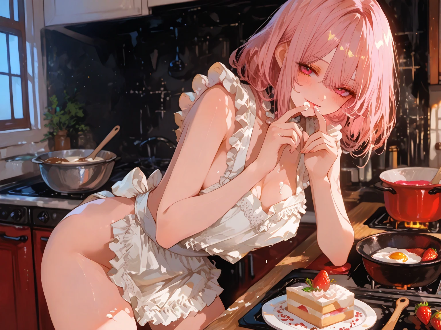 (Highly detailed CG Unity 8k wallpaper),(masterpiece), (highest quality), (Super detailed), (Best illustrations),(Best Shadow), Large Breasts Pink gradient hair Beautiful eyes nude《Wearing only an apron》 Cooking in the kitchen Side angle