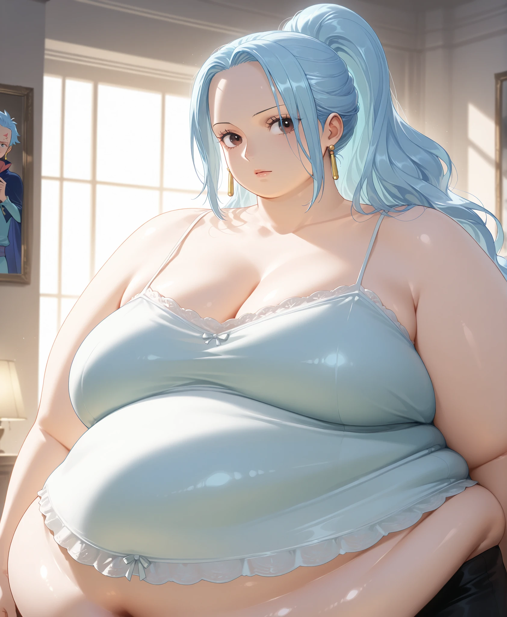 (Best Quality,Unparalleled Masterpiece:1.4),Ultra-Detailed CG 4K,(Ultra-Detailed Clear Absurdly-Vivid blue Big Eyes:1.2),Gorgeous Round Detailed Face(Voluptuous:1.4), Curly hair, detailed smile, pretty girl, (gigantic breasts 1.8),purple bikini,(Curvaceous:1.4)(Curvy:1.4)(Bimbo: 1.4)(Normal Waist: 1.2)(Thick Lips: 1.3)small-nose(light smile: 1.2)ADULT