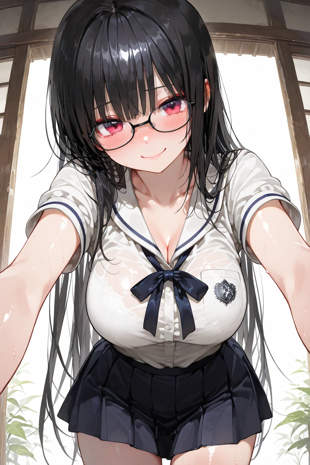 Very detailed, highest quality, High resolution, Moe Anime, ((Cute girl with black hair and droopy eyes)), ((Wearing large round glasses:1.4)), (Baby Face), Cute eyes, Detailed eye depiction, Sparkle in the eyes, View your viewers, Pale skin, (Big eyes:1.4, Droopy eyes:1.4, Fatty face:1.4), smile, Focus on the face, In the park with cherry blossoms falling, Sitting, (Extreme close up of tongue), (((From above))), Open your mouth, (((Face only:1.3))), ((Sleeveless sailor suit)), Bright Eyes, Light from the front, (Put your hands between your legs:1.4), large and long tongue