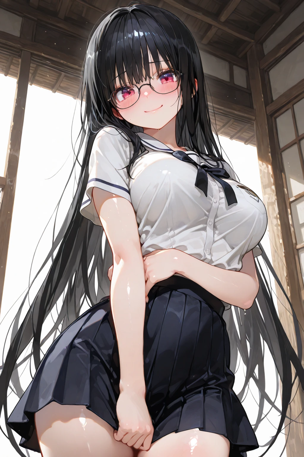 masterpiece, best quality,anime style, 1 girl,(((slender body))), (((small breast))),(((hot pants, white tanktop,red tie,glasses))),(((((a gorilla man grabbing the girl))))), ((((restrained, arms behind back)))),((((cum)))), (beautiful face), (((long hair))), (((straight hair))), ((((black hair)))),detailed beautiful skin, (perfect hands, perfect anatomy)