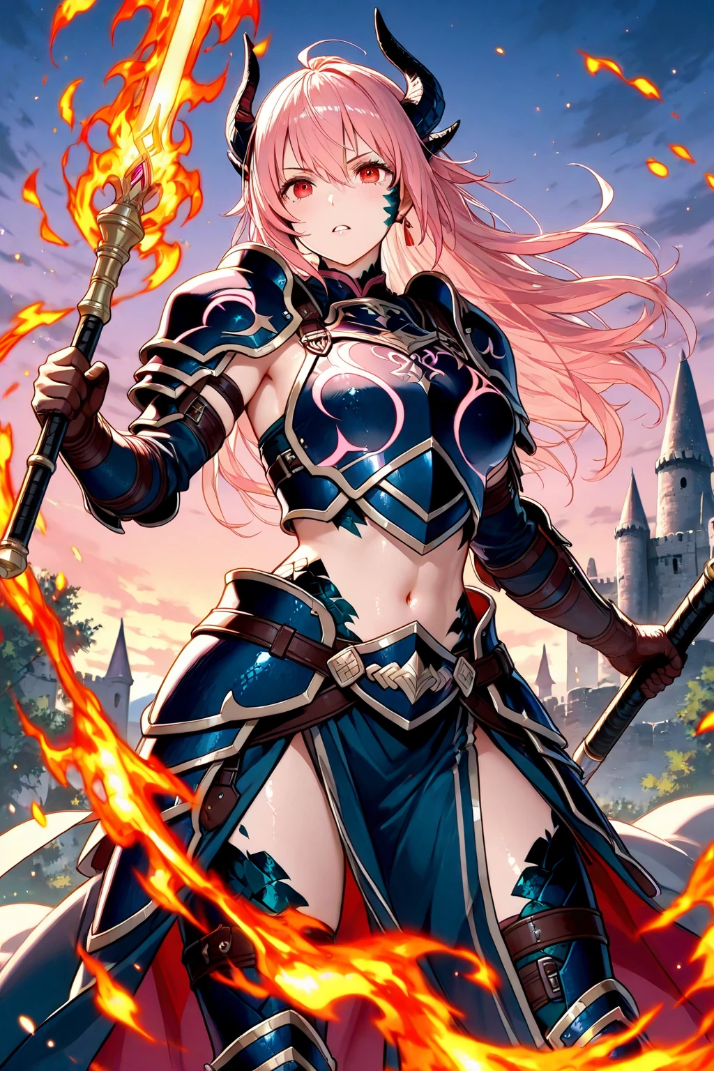 solo, female, close up, very tall, fit, abs, muscular, thin waist, tan, long auburn hair, scars, ponytail, big hair, wild hair, yellow eyes, slit pupils, red dragon tail, red scaly head fins, red scales on arms, scale hands:1.3, dragon claw hands, day, confident smile, bastard sword, scale armor, bikini armor, huge sword, very large breasts, medieval town, confident, abs, fire tail, billowing cape
