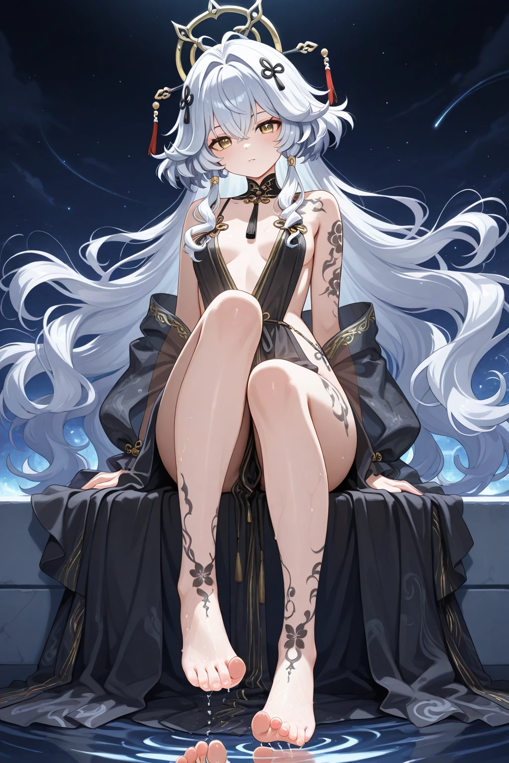 (Masterpiece), (Best quality), full bodyesbian,Simple background,Sitting,
1girll,Shiny hair,White hair,feathers hair ornament, White cloak, ((See-through)),navel,Light smile,Hair
Planting, flower, full_Moon,detective theme,((black sock)), ((crow)),Chains,废墟,
1 gir, in flower,black_Bikini,1girl in flower ,navel,
