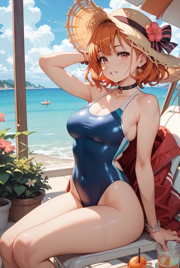 ((1 Girl)), Latest Fashion Trends, Bright smile, Cowboy Shot, Lively expressions, Diver suit, Bikini Tops, On the boat ,((Very detailed,Highest quality, High resolution, 8k wallpaper, Beautiful clothes,)),(Orange Hair, Pixie Cut, boyish,Bouncy hair, ((Asymmetrical bangs)) ,(Bright Blue Eyes),eye shadow, eyeliner,Glowing Eyes, Very detailedな目, Complex eyes, Beautiful Eyes, 輝くBright Blue Eyes、17-year-old girl