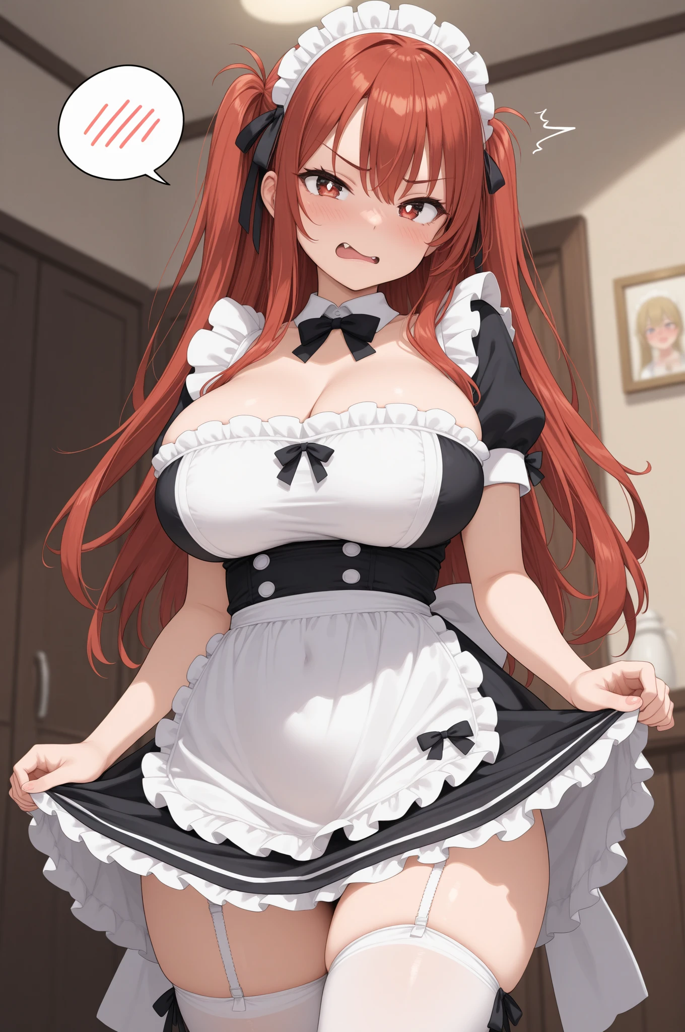 full body, 1 Woman maid in black suit with white stockings with barrettes on skirt, Gigantic Breasts, (long red hair, movement in the wind) and (green eyes), lips with red lipstick, light makeup, looking at viewer, fine body defined and uniform, she is facing the entrance door of the bathroom the shower is open with smoke from the hot water coming out of the door, her body is completely sweaty due to the heat, Unreal Engine 5, maid headdress, Anime, masterpiece, 16k, award winning, best quality, high details, textured skin, UHD, masterpiece, anatomically correct