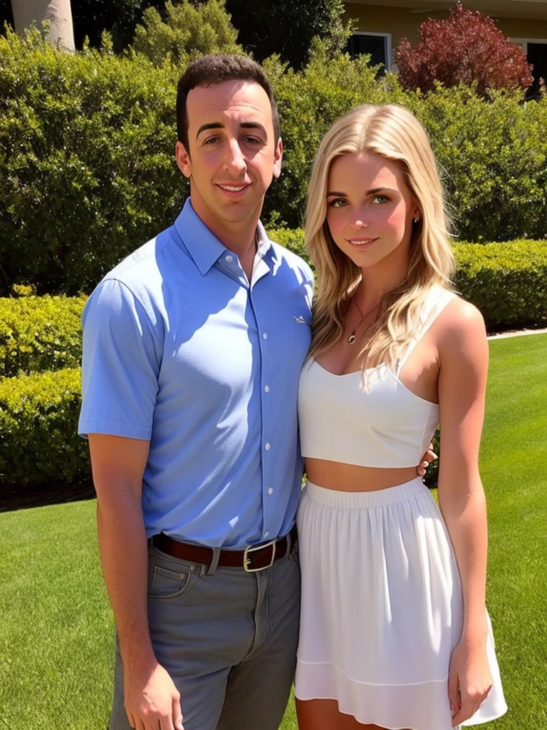 1 blonde girl, 13 years old, pink strapless top, pink leggings to middle buttock, perfect face, perfect body, standing next to a tall thin man, 49 years old, wide forehead, long hair, dressing full suit, hugged, park on background, sportswear, whole bodies, light smile, detailed faces, realistic,