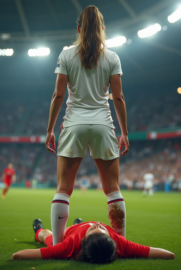 Andrea carries the wounded man's body in her hands, Andrea grabs his legs and his body with her hands, the bearded man in Andrea's arms is visibly in pain, stadium atmosphere, the bearded man is lying consciousless in Andrea's arms with one arm hanging down, A scene at a soccer stadium, a bearded man lying in a caring women's arms, lying helpless in her arms with his head dangling down, he has one arm dangling down while being carried in the women's arms, There is an attractive and heavily made-up woman in a long black leather coat, A pretty woman in a shiny black leather coat on a soccer field, A wonderful woman is holding a passed out man, A man in matt and roughened sportswear is held diagonal in her arms, a man in a woman's arms and lets one arm dangling down, we see the man held in front of the woman's body, the man is cradled in the woman's arm while being carried, the beautiful woman is exceptionally heavily made up and has an extremely desperate and very angry expression on her face, high-resolution photo, realistic sports photo, soccer scene, woman in black shiny long leather coat, injury scene, real photo, ultra realistic, high definition, sports photography