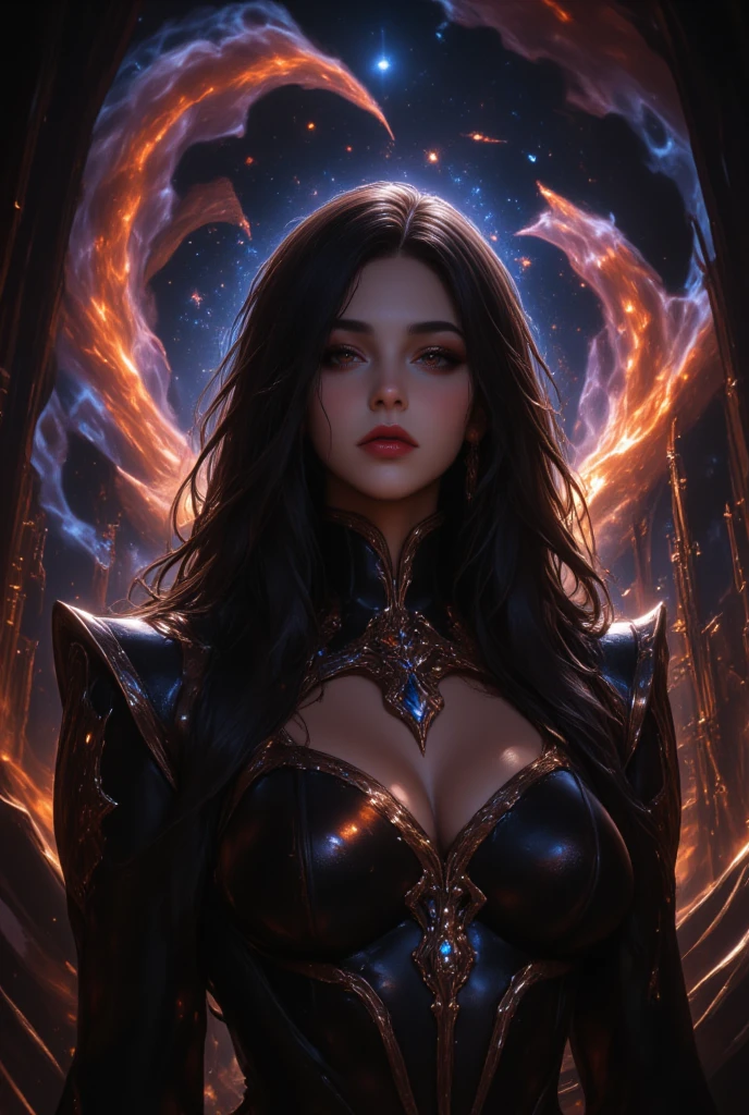 (masterpiece), (unrivalled quality:1.4), ultra-high resolution, [:velvet textures:0.2], hyperrealistic, dark fantasy portrait, m31m414 woman, adult (succubus:0.7) with a sly smirk, hypnotic ruby red eyes, raven-black hair cascading in waves, solo, detailed face, (cavernous underworld theme:1.1) (demonic wings:1.05), personified forbidden temptation, allure, power, darkness, succubus mythology symbolism, firelight, glow, rich purples and reds, symmetry, obsidian, foreboding cavern background, otherworldly infernal atmosphere