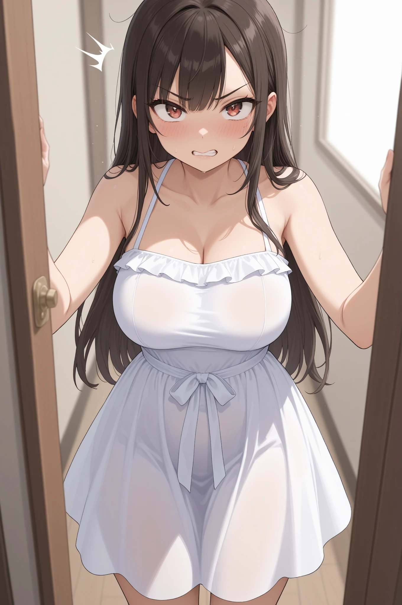 woman, In the living room,White maxi dress、Long skirt、 Edo Soichiro Yamamoto Art Style 、Huge breasts:1.5、from the front、Are standing、Brown Hair、Parting the bangs、The forehead is visible、Long Hair