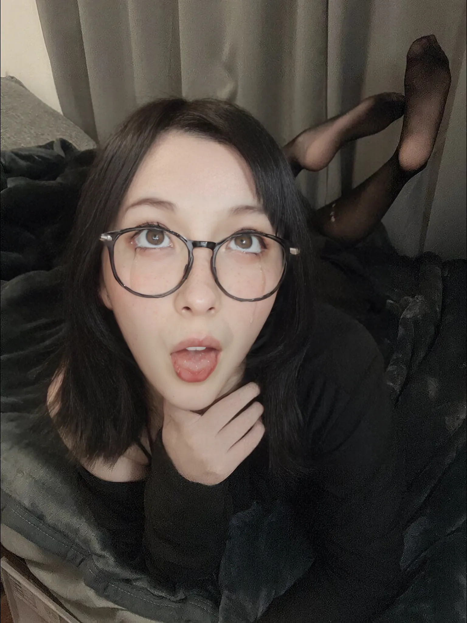 nude, lying on bed, (slave collar:2.0), realistic dull skin texture, viewed from above, legs open, (tied up:1.9), (handcuffed:1.6), (large breasts:2.0), arlwnter woman, Ariel Winter, (cum on face:3.0), (suffocating:3.0), (skinny:2.0), (choked:3.0), (glasses:1.7), black hair