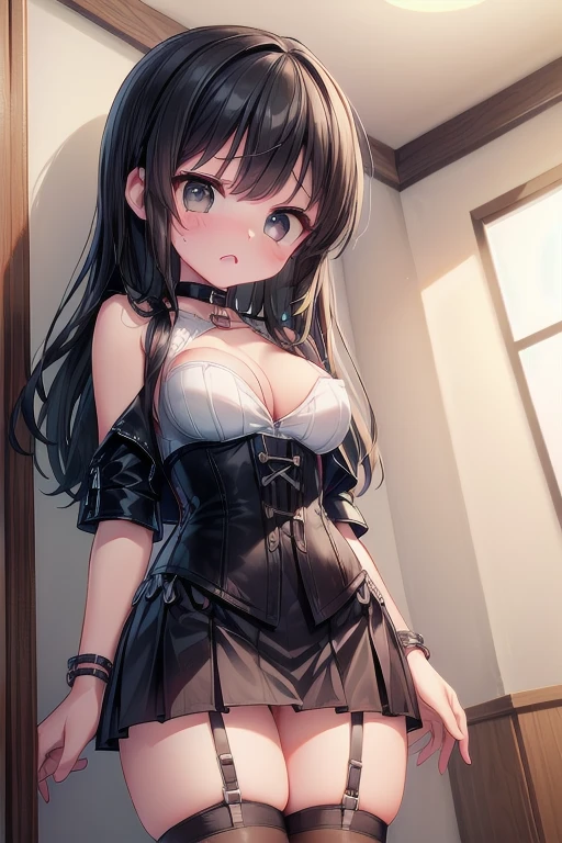 striped, rating:safe, vertical_stripes, 1girl, solo, breasts, brown_hair, dress, cleavage, short_sleeves, black_dress, blush, puffy_sleeves, diagonal_stripes, looking_at_viewer, closed_mouth, choker, vertical-striped_dress, puffy_short_sleeves, bangs,upper_body, collarbone, medium_breasts, black_choker, long_hair, eyebrows_visible_through_hair, bare_shoulders, vertical-striped_skirt, pinstripe_pattern, red_eyes, halterneck, criss-cross_halter, striped_shirt, medium_hair, hair_between_eyes, hair_intakes, sidelocks, purple_eyes, detached_sleeves,  frills