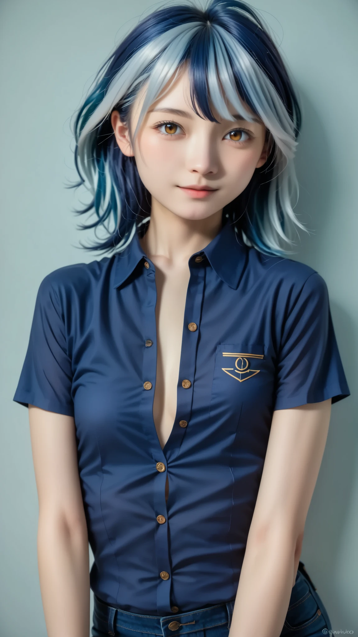 Realistic、realism、Portrait Photo、perfect anatomy、very realistic skin texture、Small face woman、Single Girl、 (((beautiful white indigo hair))), light brown eyes、Beautiful Eyes、(((blue shirt、business shirt:1.37、 unbuttoned Y-shirt )))、small breasts、hotpants、teenager、Morning quiet time、white and pale blue background