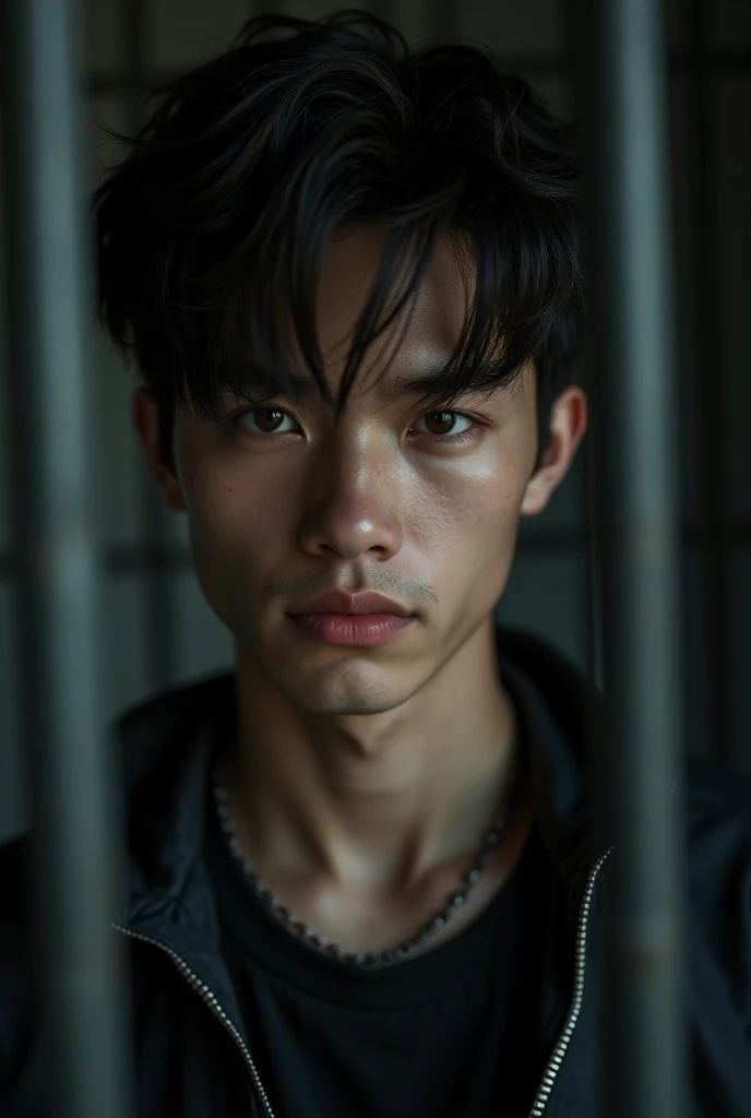 A teenager boy who is tired with chains . Chain on his neck, wrist & legs