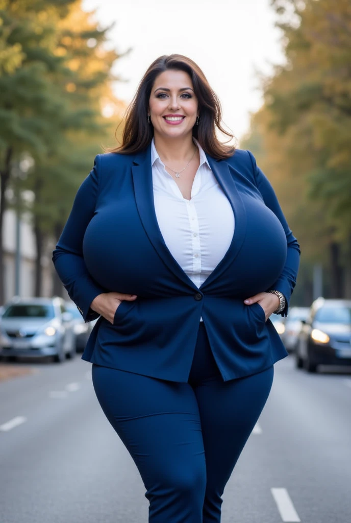 Meisterwerk, Beste Qualität, huge heavy breasts, business suit, business shirt, business trousers, long wavy hair, walking in the city center, wide angle shot, full body shot, full person view, looking to viewer, summer time,