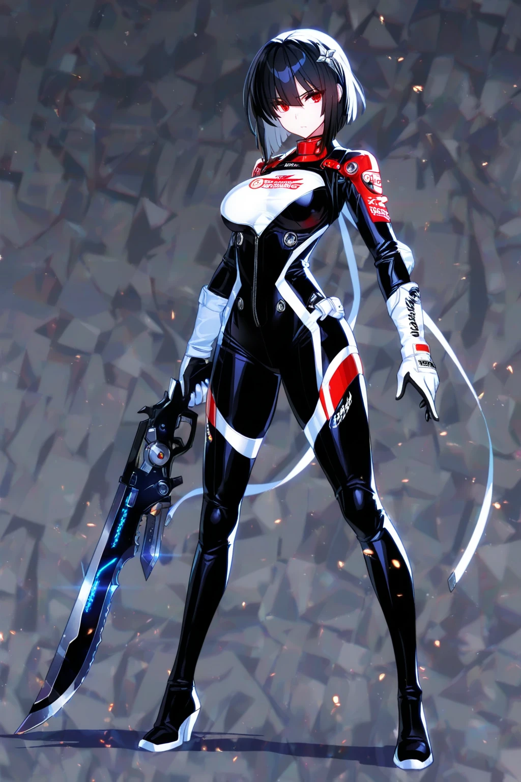 hat, necktie, gloves, ribbed bodysuit, expressionless, blank eyes, looking at viewer, corruption, mind control, female combatant, full body, hypnotized, unhappy trance, full body, obey, perfect female body, hypnosis, hypnoLora, empty eyes, Mind control device, poses, submissive_pose, Slave, standing straight, standing, standing at attention, Fighting Stance, extending the right arm from the shoulder into the air with a straightened hand, (((pixel-perfect, detail-perfect))), solo, 1girl, hair ornaments, medium hair, large breast, huge breast, solo,1girl,spasnormal,hair ribbon,red eyes,grey hair, twintails, sabrina, SPASNORMAL