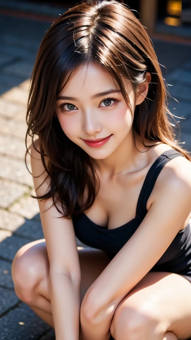 highest quality, masterpiece, ultra high resolution, (realistic:1.4), (portrait on knees facing each other) RAW photo, 1 girl, 20-year-old,((Sexy One Piece Swimsuit)),((ponytail and hair tie)),((look up at the audience)),realistic,((Random background)), picture media chest)),((toothy smile)),