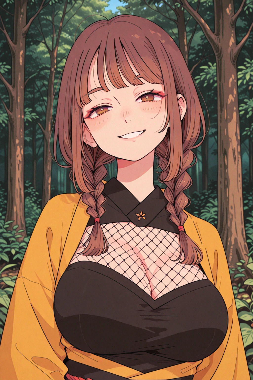 Ukiyo-e style, Jessie Willcox Smith, Matthias Grünewald, animesque　wondrous　strange　Whimsical　surreal　Sci-Fi Fantasy　Mini skirt solo girl　Autumn leaves under the moon　Trico Jikake Detailed resolution quality masterpiece, very large tits bursting out, no bra, front upper body close up, wanting to be seen