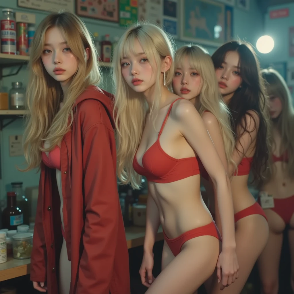 Three Japanese teenagers, with blonde hair, blue eyes, excessively large breasts, in latex clothing posing for a photo at school