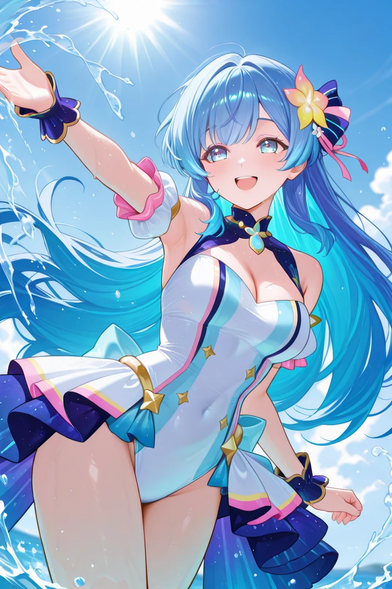 Super Idol　a beauty girl　A charming smile　sky blue hair　length hair　Twin-tailed　Sparkling bright pink and blue leotard　Mystical　Fantasia　constellation　a moon　Crystal Brilliance　Aurora Borealis in the Night Sky