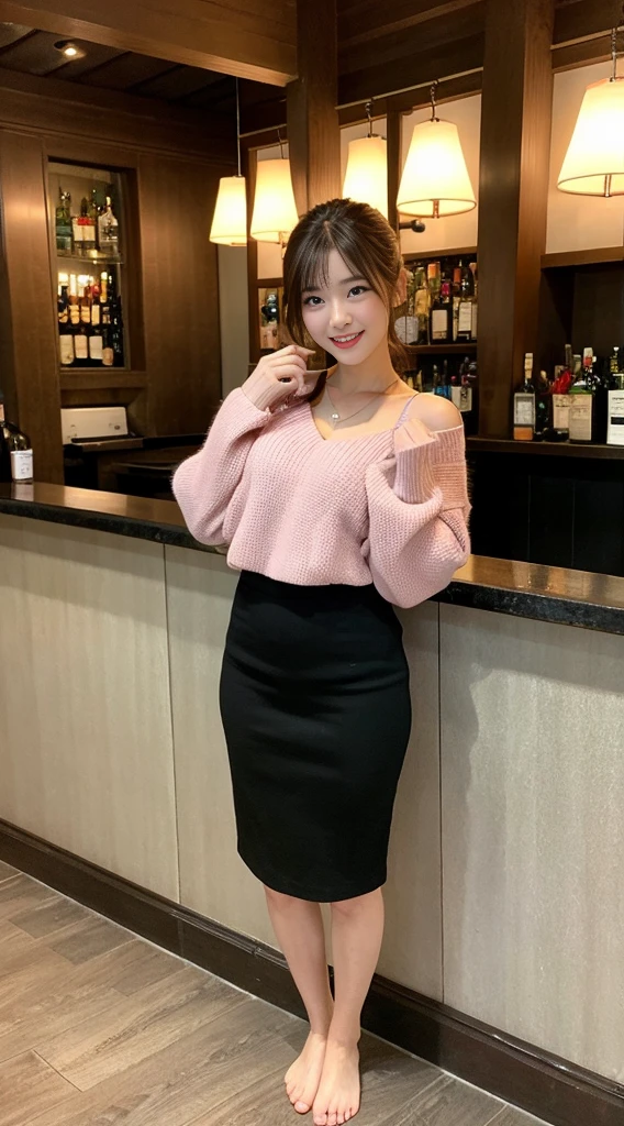 a mature elegant japanese woman, 55 years old, slim body, lady, extremely detailed face, beautiful lips, very detailed face, long eyelashes, chubby body, lolita dress, ((full body)), sexy, glamorous, ((low ponytail)), pearl necklace, red lipstick, charismatic, maid cafe