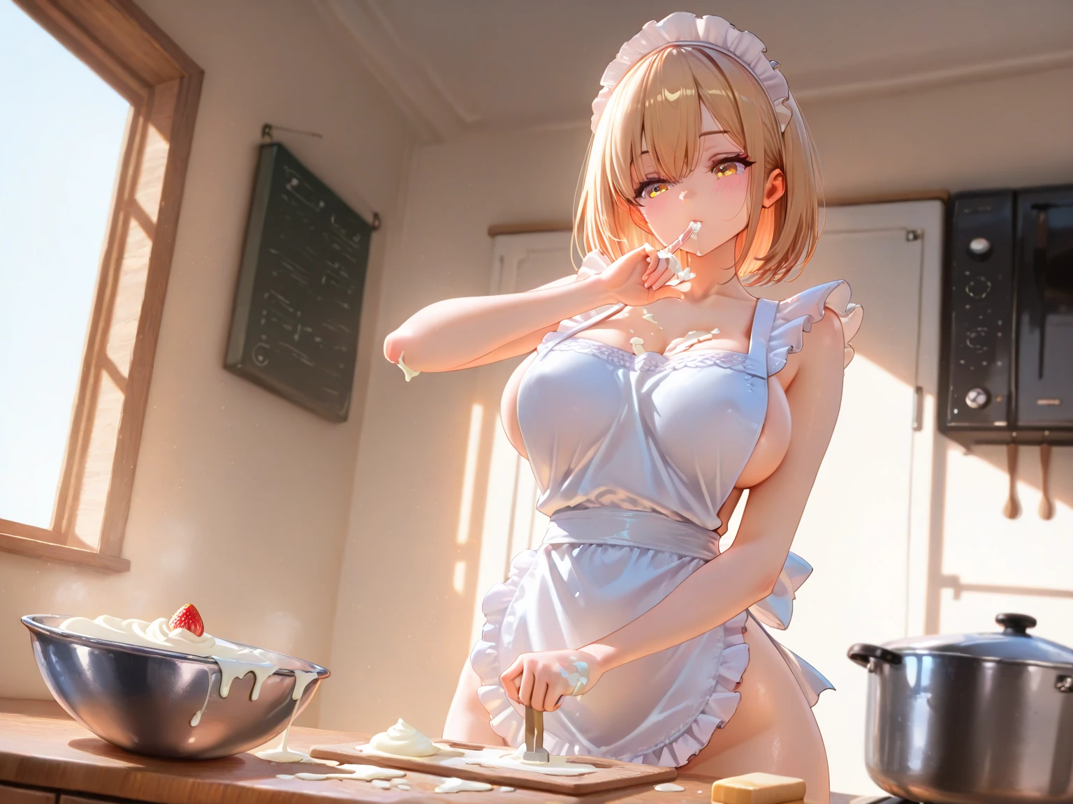 19 year old blonde girl , nude, in the kitchen. annoyed , looking and licking a penis that is in her face.