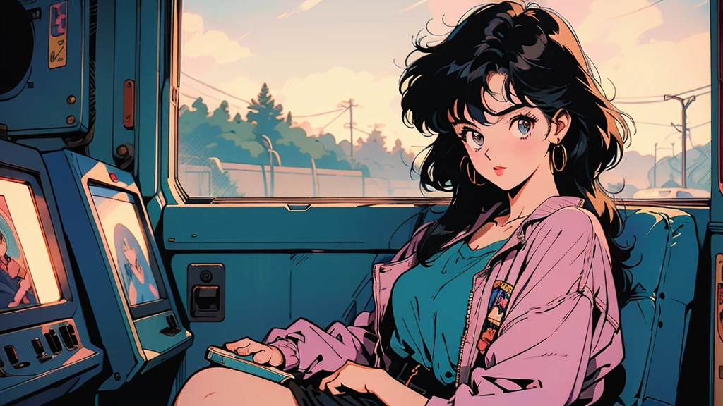 masterpiece, Highest quality, Rainbow Style, anime, Beautiful Asian Girl, tattoo, Sitting in a car, 80s American hippie style, Along the Hawaiian Coast, Cute and dreamy,anime,Illustrator,LOFI Girl, ブルース, 