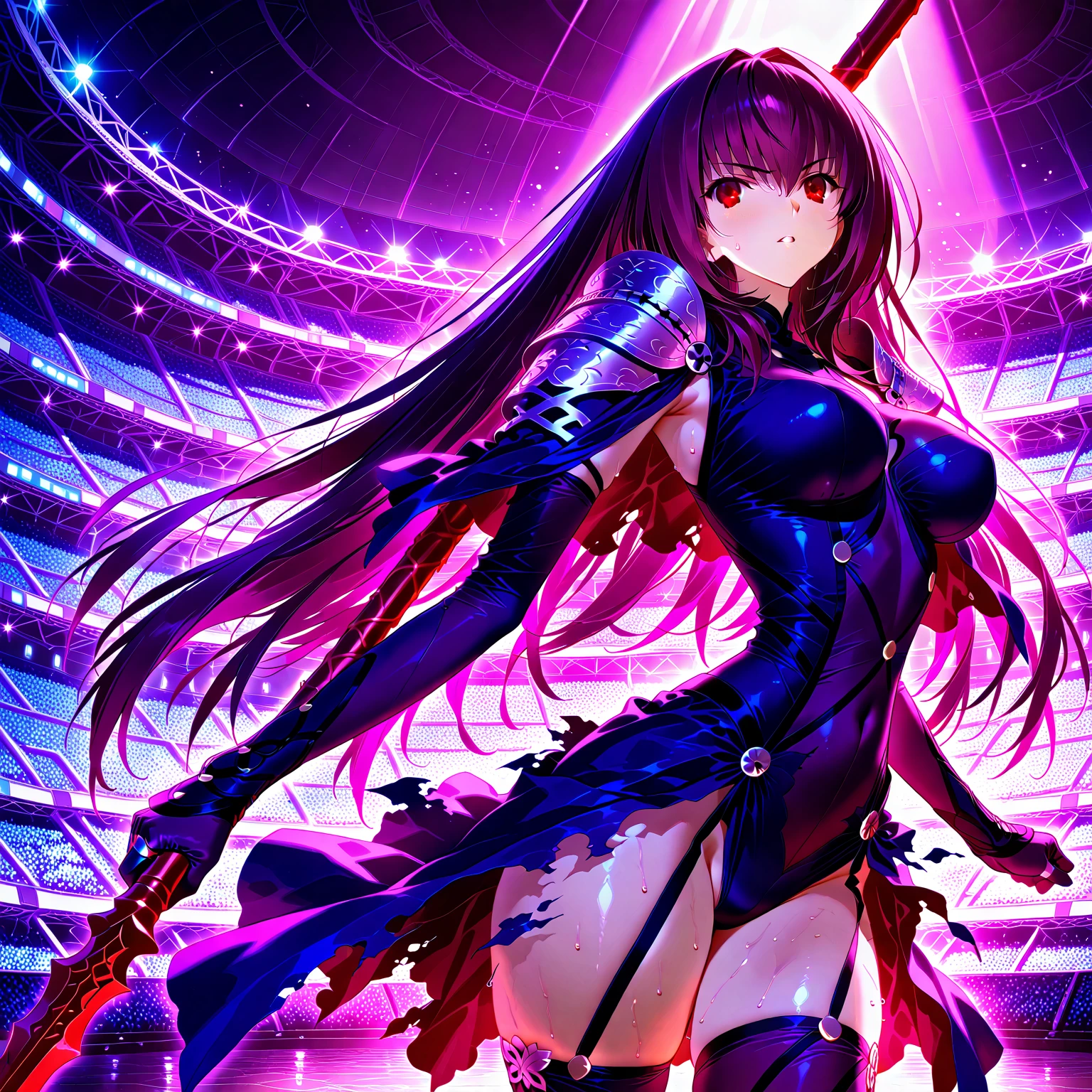 (artwork, highest quality, highest resolution, distinct_image, detailed details): (8K, 4K, best quality, High resolution: 1.2), artwork, Ultra-detailed, hyper details, cinematic Light, alone, woman, purple hair, high ponytail hair, tight metallic clothes, short skirt, heroine pose, perfect body, slim waist, full body, looking at the viewer, detailed_background, full_body, dynamic_angle