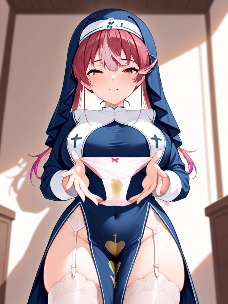 (Highest quality:1.2), (Very detailed:1.2),(masterpiece:1.2),(8k:1.2),(Blessed,Captivating body、Very beautiful eyes、Very detailed肌、Very detailed顔,Detailed Background), ffmarine, long hair, habit, heterochromia, nun, blue dress, cleavage, long sleeves, breast curtains, underboob, pelvic curtain, white thighhighs, (heart-shaped_pupils)