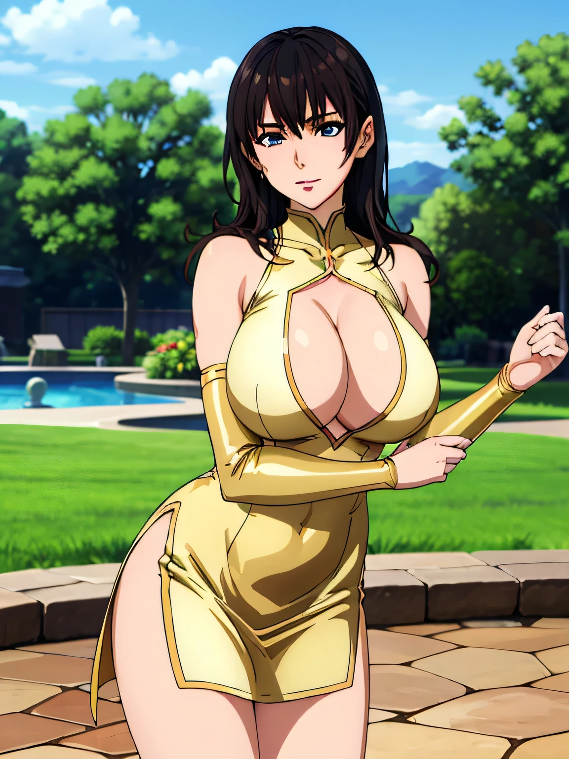 solo, 1girl, older female, mature female, TsukiUzakiR4, at outdoors night bar with starry sky. closed eyes, hair over one eye, long silver hair, medium grey hair. thicc, huge ass, huge hips, huge thighs, huge breasts, butt cleavage, open-back dress, jewelry, shiny golden sequin dress, neon earrings, glowing armlet, sparkling bracelet, smoky eyeshadow, glittery high heels, expensive handbag, full body, beautiful detailed face, detailed body, detailed outfit, ultra-detailed masterpiece, best quality, highres, absurdres, high quality, high detail, cinematic lighting