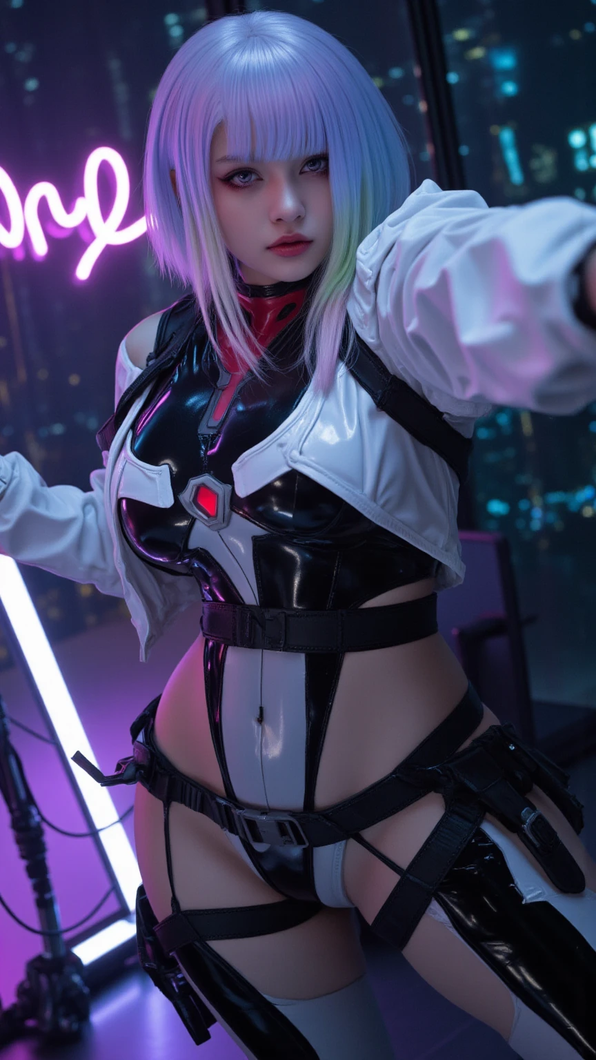  bonito e sexy, cabelo rosa, Uma coelha em forma humana, ultra realista, detailed lighting, anime, Tenente, full body standing.