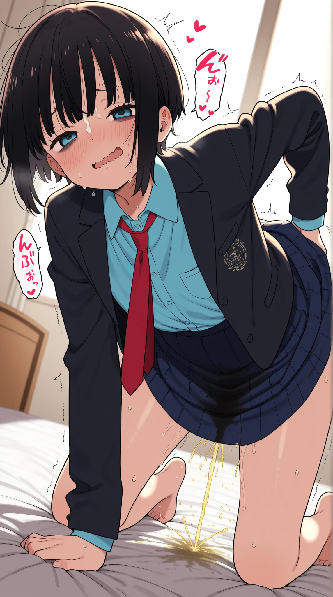 (Highest quality), (masterpiece), highly detailed, Ruka Sarashina was lying on her back on the bed with her legs spread apart, wearing a green tie and white shirt, a yellow knit vest, a blazer, and a grey mini pleated skirt that was turned up. She was asleep and unaware. I inserted my penis into her vagina through the gap in her light blue striped panties and started pounding my hips violently to inseminate her., whole body, Eyes that are evenly shaped, A cool look, With hands up, Sleeping soundly with your eyes closed, Black short hair, Big blue ribbon headband, She has a full head of pubic hair, Beautiful Vagina, White semen is spilling out from the gap between her vagina and my penis.,