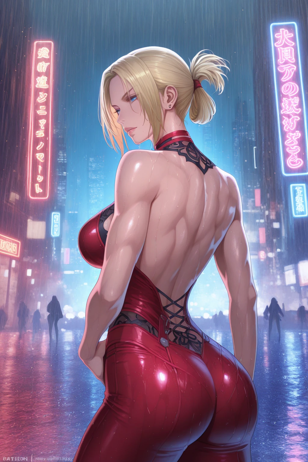 ((Best quality)), ((masterpiece)), ((highly intricate details)), 1girl,(tall,175cm),(muscular plump:1.2), (yellow eyes,detailed eyes),seductive expression,horny,evil smirk,(navel piercing),erotic pose,bad girl,bitch,prostitute,hooker,smoking a ciggarette,(red long dress), (tattoos:1.4), bimbo breasts, strong eyeliner, heavy make-up, (half_buzzcut,platinum hair),outdoor,street,red light district, night time,(tone abs:0.8), <lora:add_detail:1>,  <lora:fitgirl_4:0.3>, <lora:badgirl-v1.5-lora-naivae-block:0.5>