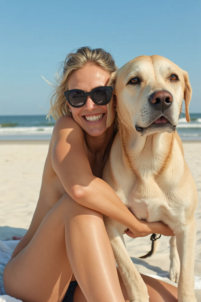 NSFW (nude) (Supergirl ((human)) medium breasts, strip of pubic hair) full body, side view, fucking a ((male furry white pitbull dog with a dog penis)), on a deserted beach