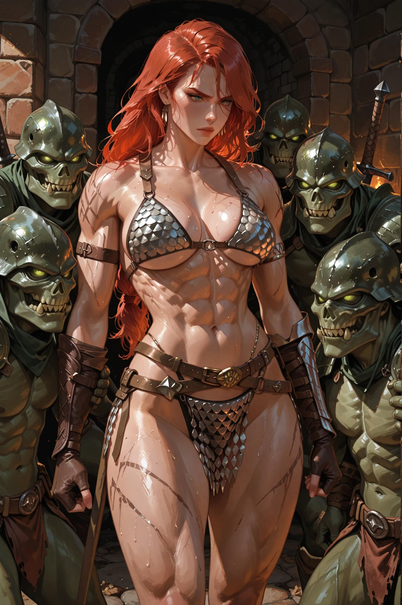 (((mulher))), (((melhor qualidade))), (((obra prima))), (((adulta))), Uma guerreira mulher de 35 anos com corpo perfeito, She-Lobo, (( under boobs )), quase nua no estilo selvagem urbano de Simon Bisley para a capa da revista Heavy Metal, cabelo loiro, Minimum clothing, armadura (vermelho escuro com estrelas brancas), cheio de pontas e rebites manchadas de tinta, tatuagem de estrelas de 5 pontas, (((corpo inteiro))), cabelo preto curto com franja branca cobrindo a testa
