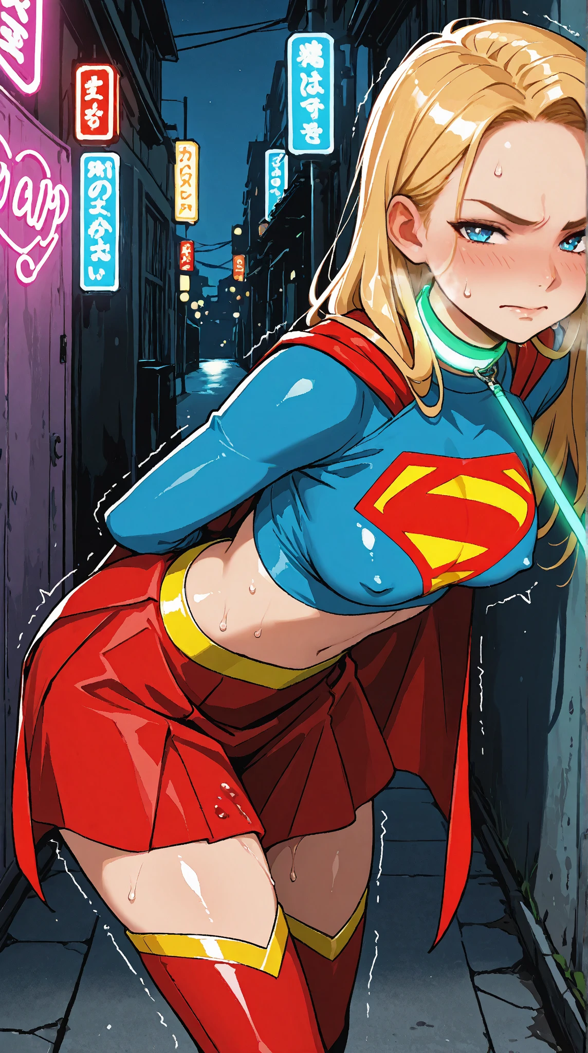 a digital painting of supergirl merging with venom, long hair, cyberpunk art by Josan Gonzalez, winner of the behance contest, afrofuturism, synthwave, neon, shiny neon, thick thighs, thin waist, sensual, nsfw, little clothing, erotic art, anime, torn battle clothes, extremely sexualized, sweaty body, NSFW, big breasts, big ass, HD, 8k, High quality, details, perfect body, Highlight the body, detail on the perfect face, detail in the background