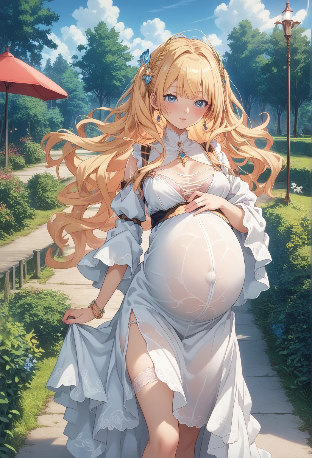 ultra-detailed, extremely detailed,((anime artstyle)),Masterpiece,(Best Quality),(Super Detail),(Very Delicate and Beautiful),((Solo)),(((full body))),full body,((detailed face and eyes)),perfect eyes, rendered eyes,jewel-like beautiful eyes,cry,((embarrassed,blush)),((1 pregnant princess in beautiful embroidery and jeweled gorgeous rococo ballgown with frilled voluminous full length hoop skirt)),(((heavily pregnant))),((Crinoline)),beautiful embroidery and jeweled gorgeous rococo ballgown with frilled voluminous full length hoop skirt,(large amount of straight hair,extremely voluminous Very Long straight Hair,Absolutely Long Straight Hair),sparkly skin,(((very gigantic boobs,skindentation))),Bursting breasts,cleavage,((fantasy castle,outdoors,outside the castle)),long_gloves,extremely gorgeousfull jeweled hair ornament,(bling-bling extremely gorgeousfull jeweled tiara),(luxurious jewelry),full body,beautiful embroidery and jeweled gorgeous rococo ballgown with frilled voluminous full length hoop skirt